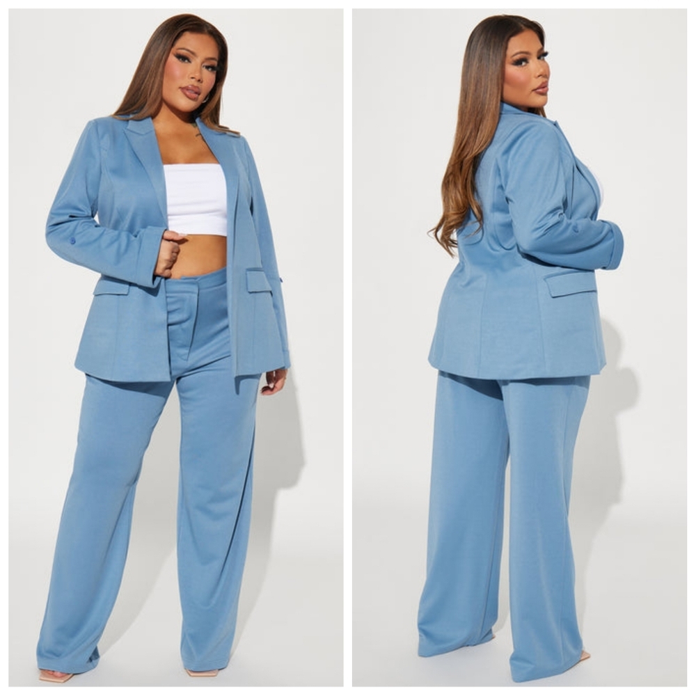 Fashion Nova In Control Tweed Pant Set Plaid Blazer Slate Blue| 1X | NWT